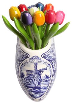 Wooden tulip bouquet in wooden shoe Delft blue - 9 hand painted wooden tulips, 20 cm high, multicolored, wooden flower dekoration, Made in Holland
